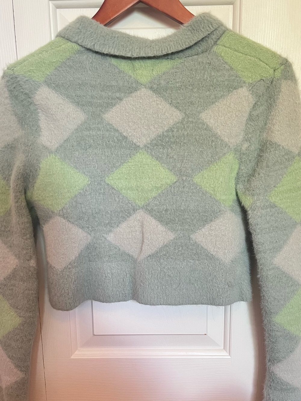 green fuzzy collared argyle patterned wool cropped sweater cotton on womens - Picture 2 of 2